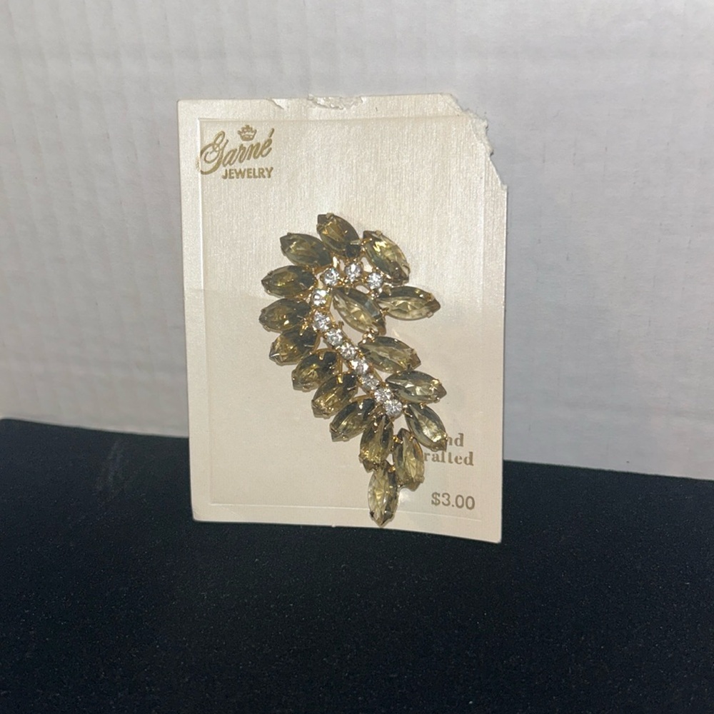 Vintage Garne Jewelry Dark Green Rhinestone Silver & Gold Brooch NWT Deadstock